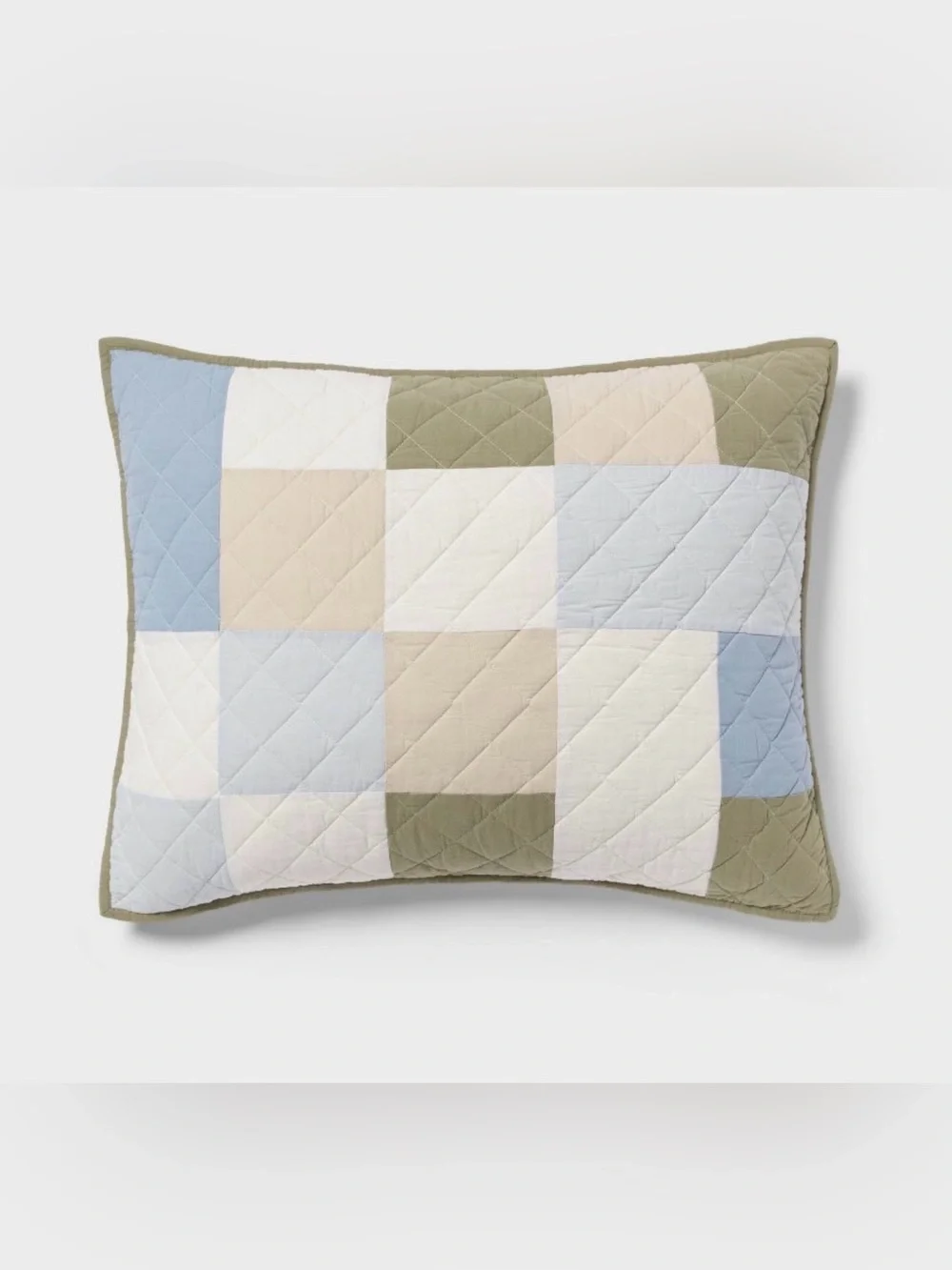 Threshold Patchwork Quilted Pillow Sham in Blue, Olive & Cream Standard Size NWT